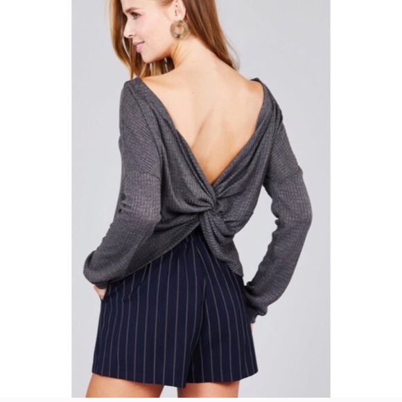Tops - LAST ONE / Gray Twist Back Waffle Knit Top